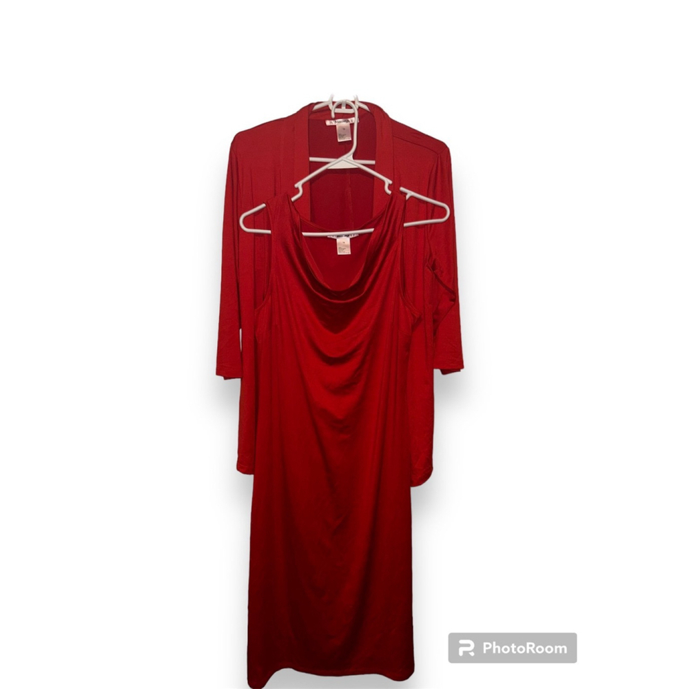 Vintage Y2K Red Satin Dress & Cardigan Set Cowl Neck Size 10 Matching Set Silky